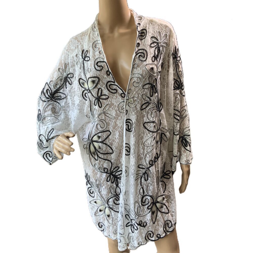 NWT Once Again‎ White Sheer Floral Embroidered Long Sleeve Kimono Robe Size 3X